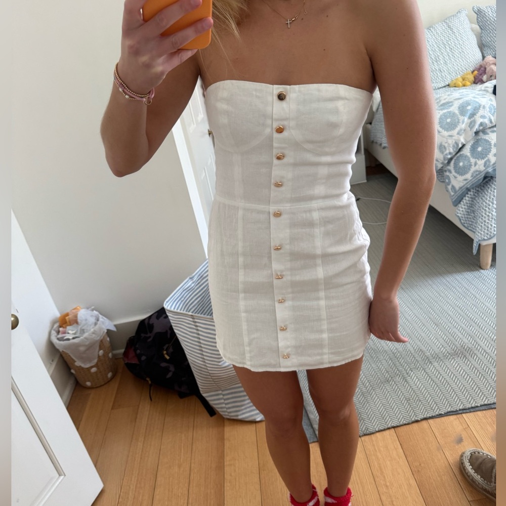 Reformation Size 2 White Linen Strapless Button-Down Dress